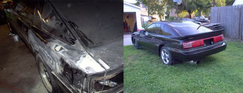1994 Ford Probe - Two views of a black coupe; one undergoing bodywork, the other completed with a spoiler.