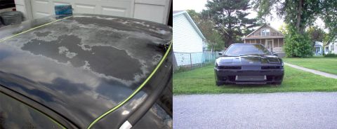 1994 Ford Probe - A black sports car is parked in a residential yard, with a house in the background. The image also shows a close-up of a car roof with peel…