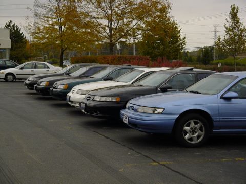 1998 Ford Taurus - Several 1998 Ford Taurus sedans are parked in a row on an overcast day.
