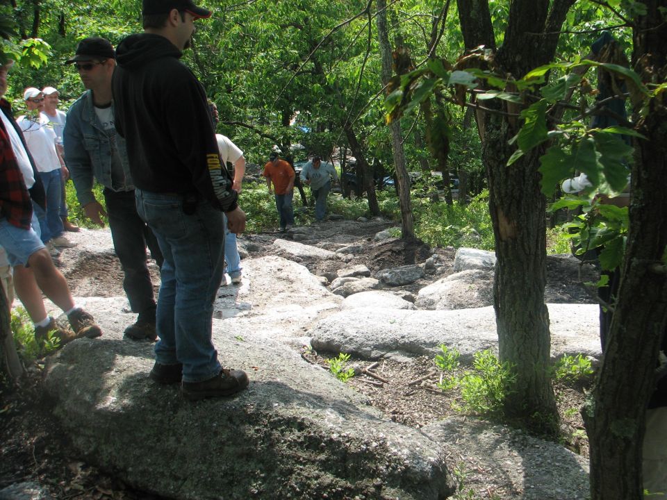 Group of people on a rocky path in a forest