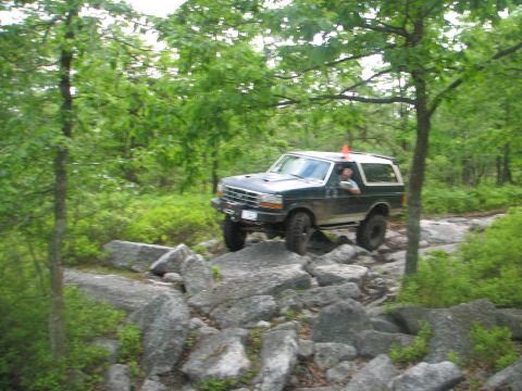 1992 Ford Bronco - A 1992 Ford Bronco navigates a rocky path through a dense forest.