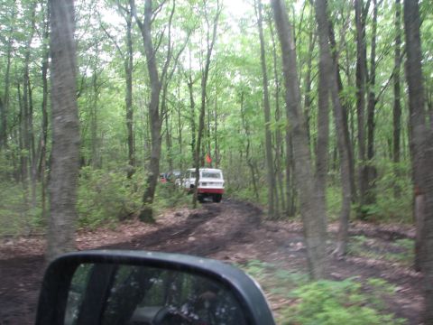 1992 Ford Bronco - Several off-road vehicles navigate a dirt track surrounded by tall trees in a wooded area.