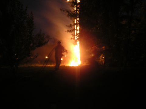 1994 Ford Bronco - A person holding a hose stands near a large, bright fire at night, with trees silhouetted against the flames.