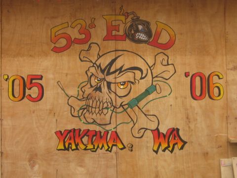 1979 Ford Bronco - Mural depicts a skull and crossbones with a bomb and text, likely a unit insignia.