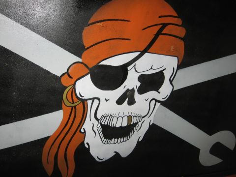 1979 Ford Bronco - A hand-painted pirate skull and crossbones design is visible on a black surface.