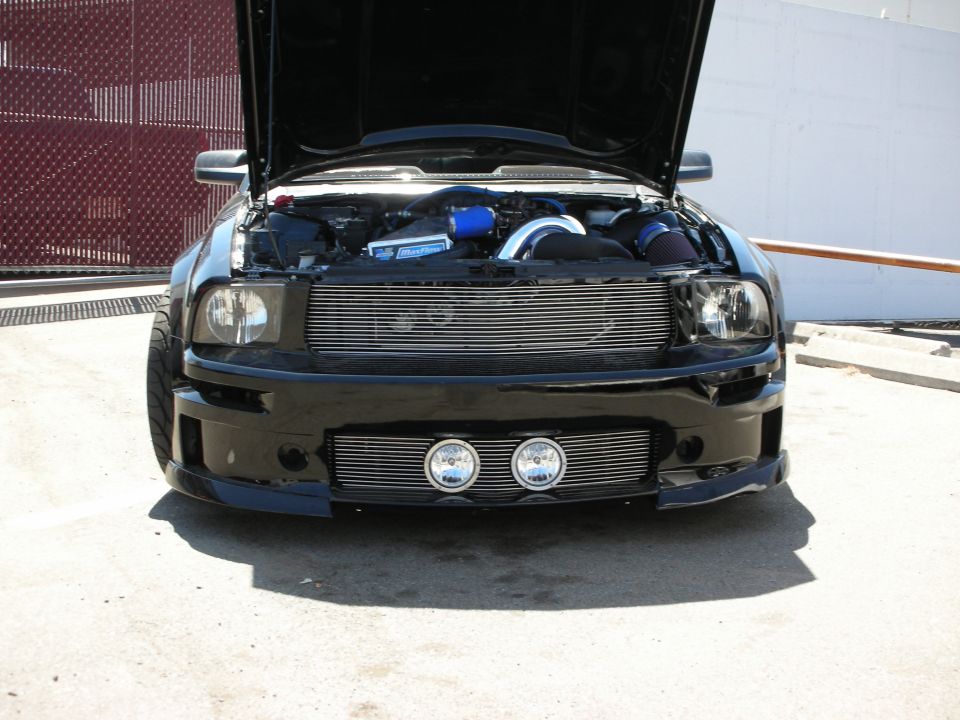 Black Mustang, hood up, showing blower with blue couplers and billet grille