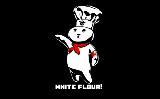 Pillsbury Doughboy character in chef hat, pointing, with 'WHITE FLOUR' text below