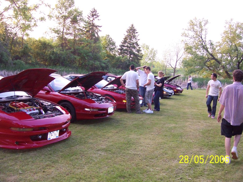 Red 1996 Ford Probes parked on grass with hoods open, people gathered around