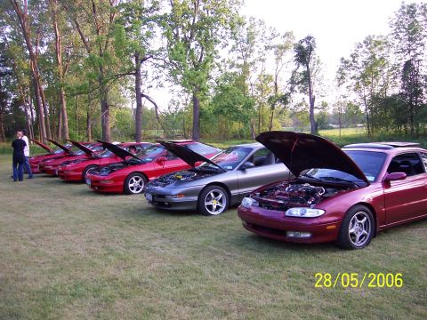 1996 Ford Probe - Several Ford Probes are lined up with their hoods open at an outdoor car meet.