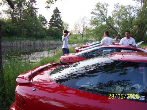 1996 Ford Probe - A group of people gather around several red sports cars parked near a body of water.