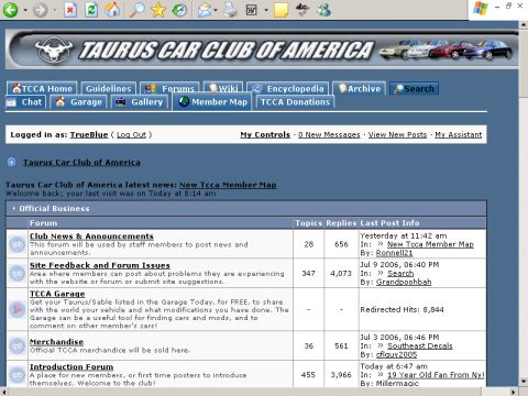 1993 Ford Taurus - Screenshot of the Taurus Car Club of America website forum, showing various sections and recent posts.