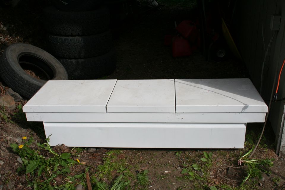 White truck bed tool box with three lids