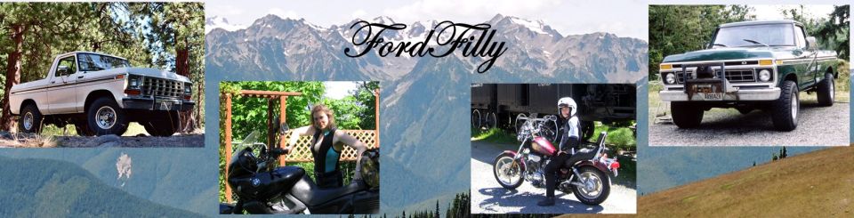 SuperMotors banner collage with two vintage Ford pickups, motorcycles, and mountain background labeled 'FordFilly'