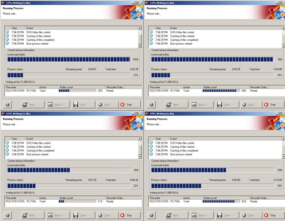 This is just after I switched the cable from the DVD-ROM to the DVD-RW-DL & burned a TY 8x-R from a HD image.  I've never had any trouble before, but this time, the buffer level of the drive was bouncing, and it seemed a LOT slower than an 8x burn should be.  A bounce cycle took ~4sec, and it continued throughout the burn, but it verified OK & plays fine.

I had set both IDEs to DMA if available, but it somehow switched itself to PIO Only, apparently when I swapped drives.  I didn't know until after the burn was finished because the CPU was at 100% load (with irregular & infrequent spikes to 0%) and Device Mgr. wouldn't open during the burn.
