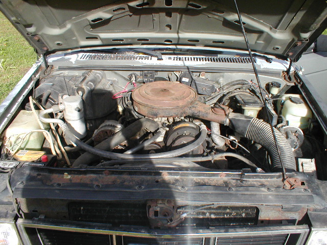 Engine bay with V8 engine and air cleaner. Some rust visible on the grille