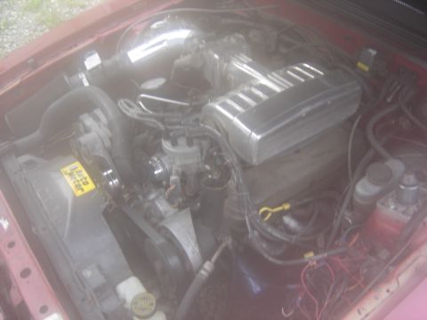 1988 Ford Bronco - The engine bay of a red vehicle is shown, chrome intake piping and silver valve covers.