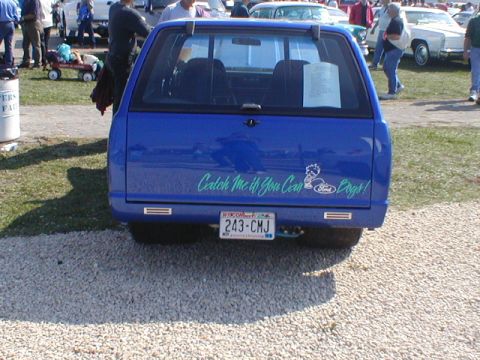 1998 Ford Taurus - Rear view of a blue pickup truck with custom tailgate graphics and a license plate.