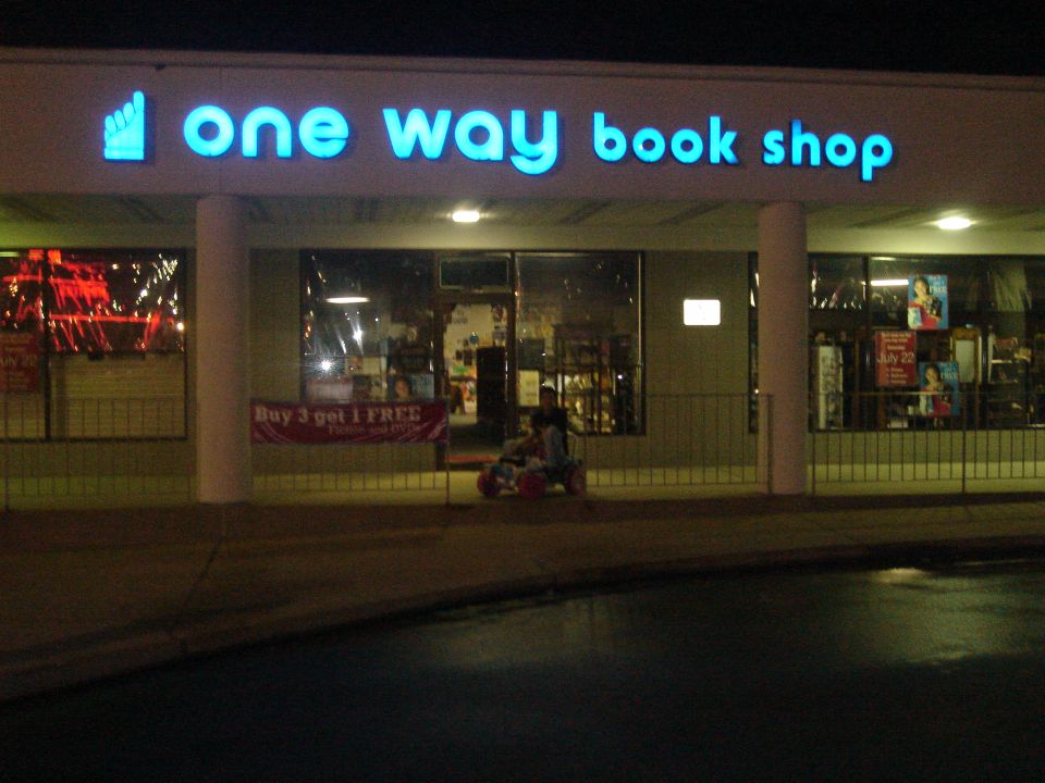 Eric in front of a Christian bookstore...