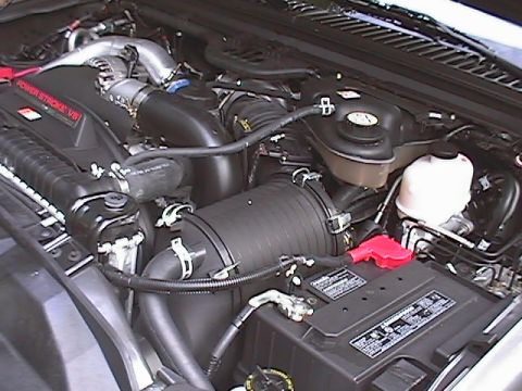 2005 Ford F-250 - The engine bay of a 2005 Ford F-250, the Power Stroke V8 engine and its various components.