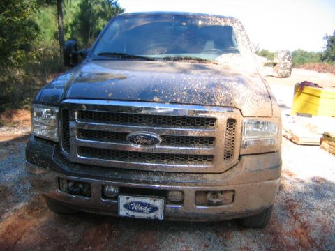 2005 Ford F-250 - This 2005 Ford F-250 is heavily covered in mud, obscuring much of its original appearance but retaining its distinctive grille.