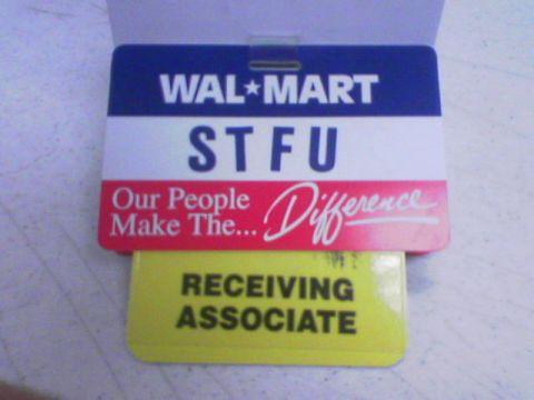 1990 Ford Bronco - Walmart name tag displays 'STFU' and 'RECEIVING ASSOCIATE' text.