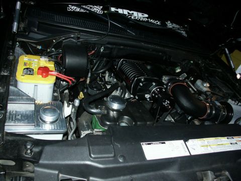 2001 Mercury Grand Marquis - Engine bay with a prominent black supercharger and a yellow Optima battery is visible.