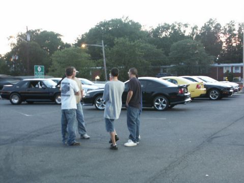2001 Mercury Grand Marquis - A group of friends gather around a line of Ford Mustangs at a car meet.