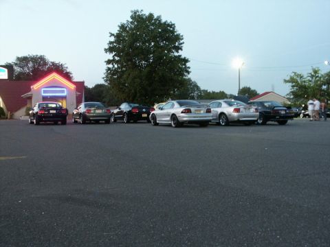 2001 Mercury Grand Marquis - A group of Ford Mustangs are parked in a lot outside a building with neon lights.