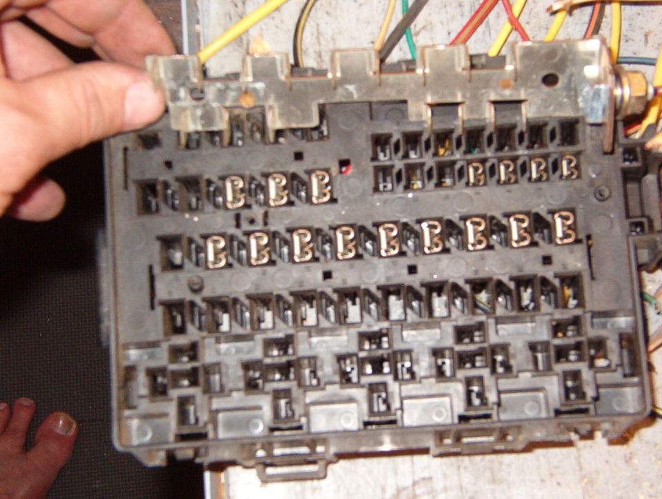 Hand holding a fuse panel showing terminal cavities marked with stamped letters and numbers