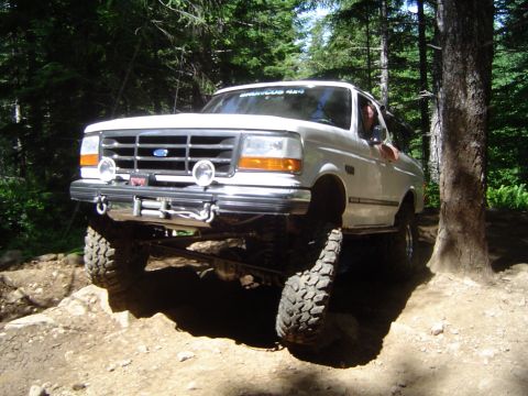 1989 Ford Bronco - White Ford pickup truck navigates a wooded trail with large off-road tires.
