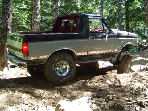 1989 Ford Bronco - This 1989 Ford Bronco navigates a challenging off-road course in a forest setting.
