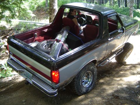 1989 Ford Bronco - This two-tone 1989 Ford Bronco is equipped with off-road tires and appears to be on a trail.