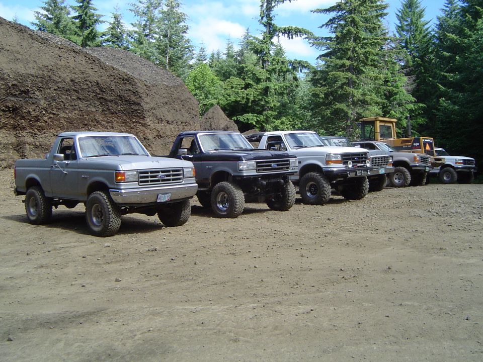 Row of lifted Ford Broncos and 4x4 trucks parked on a forest dirt lot