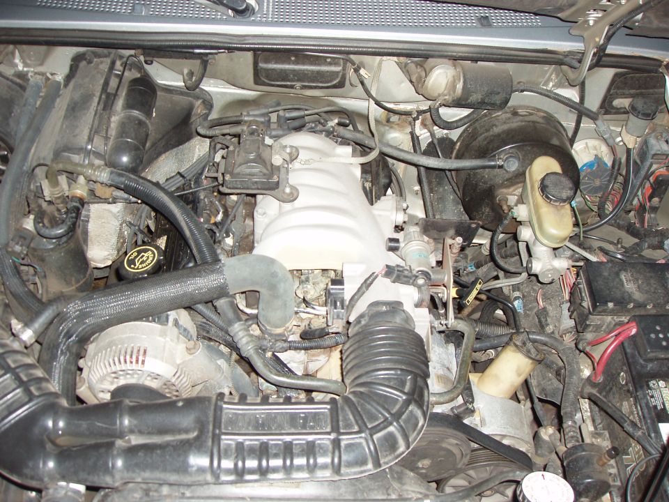 Engine bay overhead view with composite intake manifold and air intake tube