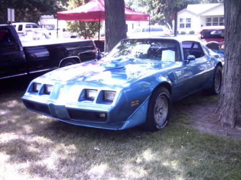 1995 Ford Probe - Blue 1977 Pontiac Firebird Trans Am coupe parked on grass next to a tree and a black pickup truck.