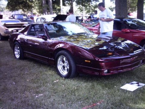 1995 Ford Probe - A maroon Pontiac Firebird is parked on the grass at an outdoor car show.