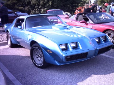 1995 Ford Probe - A blue 1977 Pontiac Firebird Trans Am is parked at a car show, with other vehicles visible in the background.