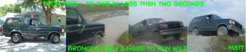 1988 Ford Bronco - Multiple images show Ford Broncos in various off-road conditions, with text overlay discussing their wild nature.
