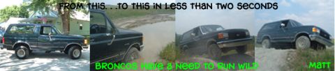 1988 Ford Bronco - This collage shows a 1988 Ford Bronco in various off-road conditions, from a standstill to navigating mud and inclines.