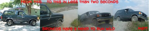 1988 Ford Bronco - Multiple images show a dark Ford Bronco in different environments, from parked to off-roading.