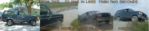 1988 Ford Bronco - This collage shows a Ford Bronco in various off-road conditions, transitioning from a static view to active mudding and climbing.