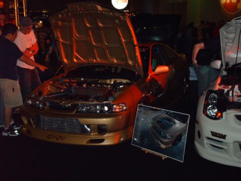 1995 Ford Probe - A gold coupe with its hood open is displayed next to a white car, with a photo of another vehicle in front.