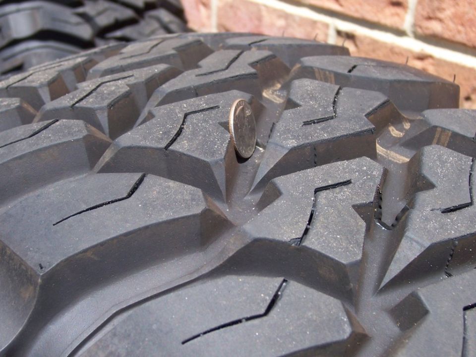 Close-up of tire tread with a dime for scale