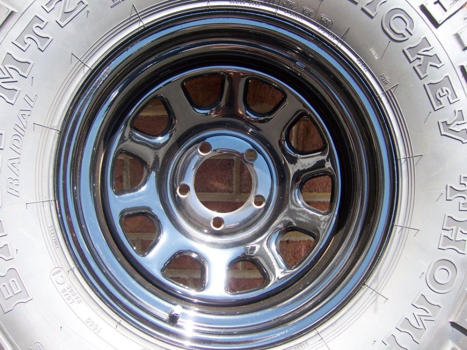 Mickey Thompson Baja MTZ tire on chrome 5-lug slotted steel wheel