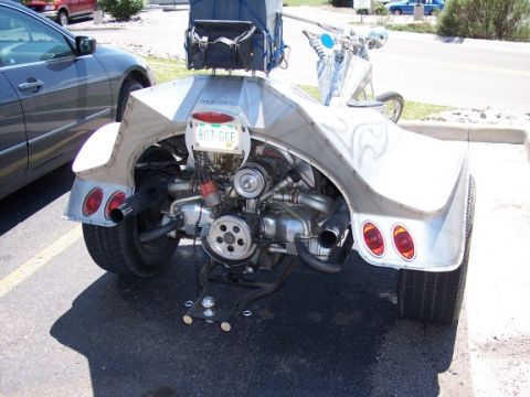 1972 Ford Ranchero - Custom trike features a rear-mounted engine and dual taillights. The license plate is visible.