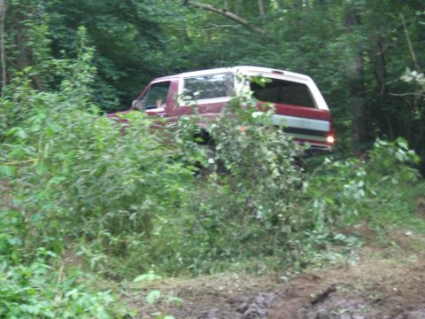 1993 Ford Bronco - A red and white 1993 Ford Bronco navigates a wooded trail, partially obscured by foliage.