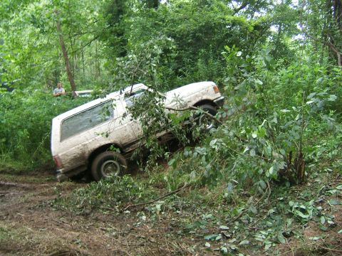 1993 Ford Bronco - A white SUV is stuck off-road, partially obscured by branches and mud, with a person visible in the background.