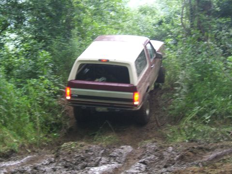 1993 Ford Bronco - Ford Bronco navigates a challenging muddy path through dense foliage.