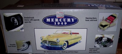 1972 Ford Ranchero - Box art depicts a 1949 Mercury convertible model kit with detailed features like opening doors and a detailed engine.