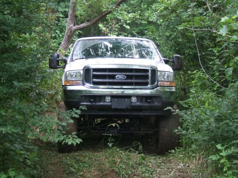 1993 Ford Bronco - A white Ford truck navigates a wooded trail, its large tires gripping the uneven terrain.